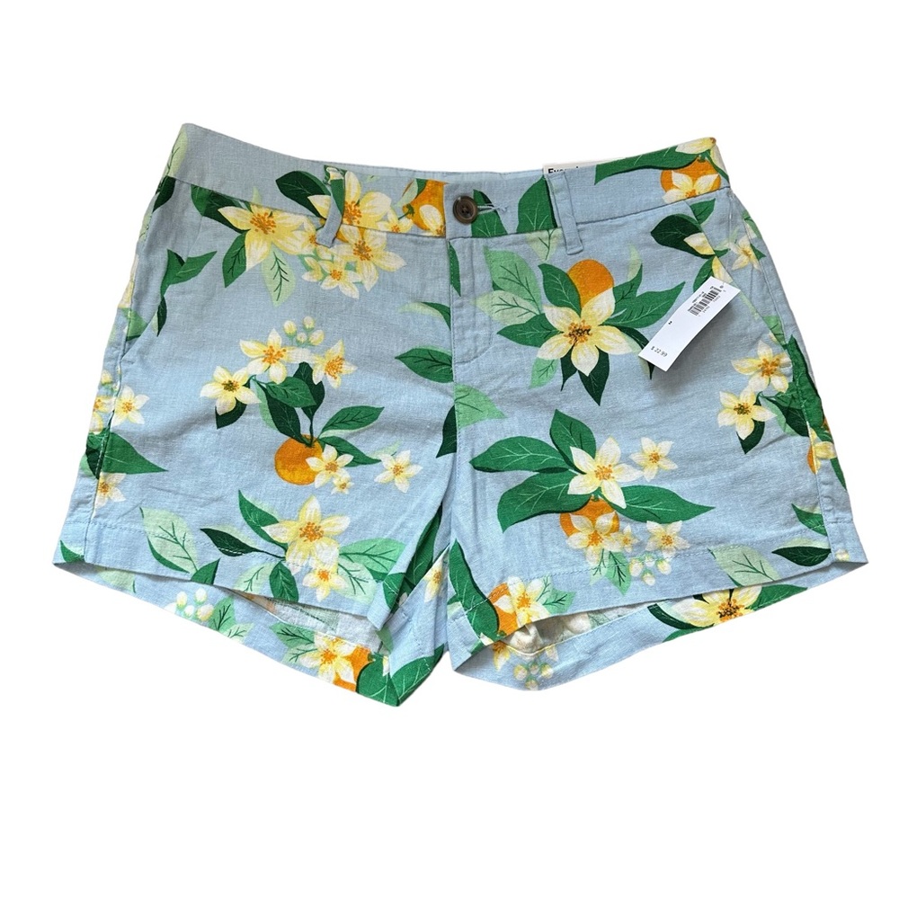 NWT Old Navy Linen Blend Everyday Shorts Mid-Rise Blue and Yellow Floral Size 2
